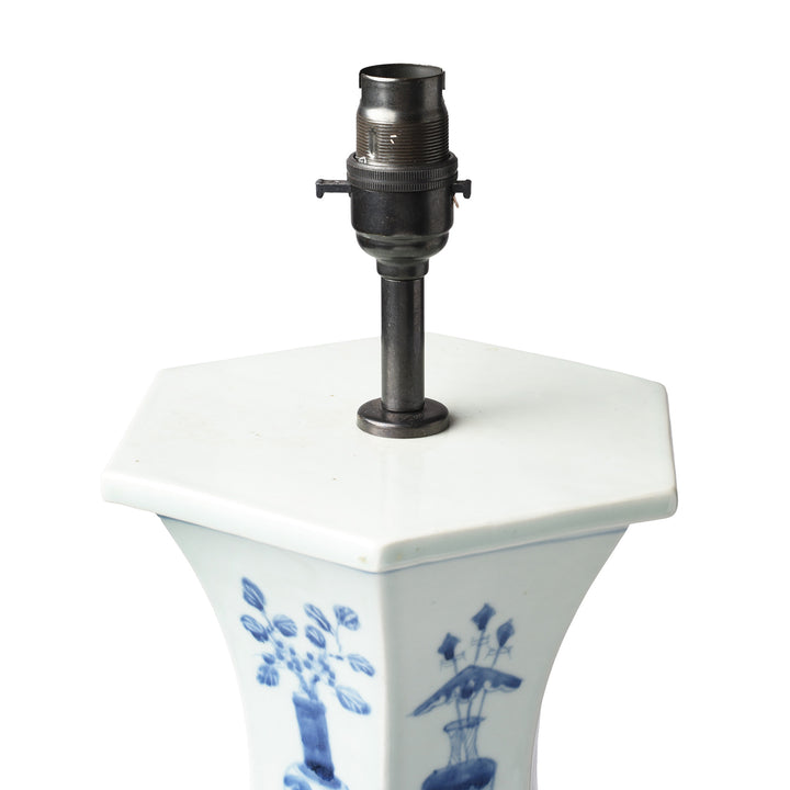 Fitting Detail From Blue & White Hexagonal Hourglass Lamp With Base | Indigo Antiques