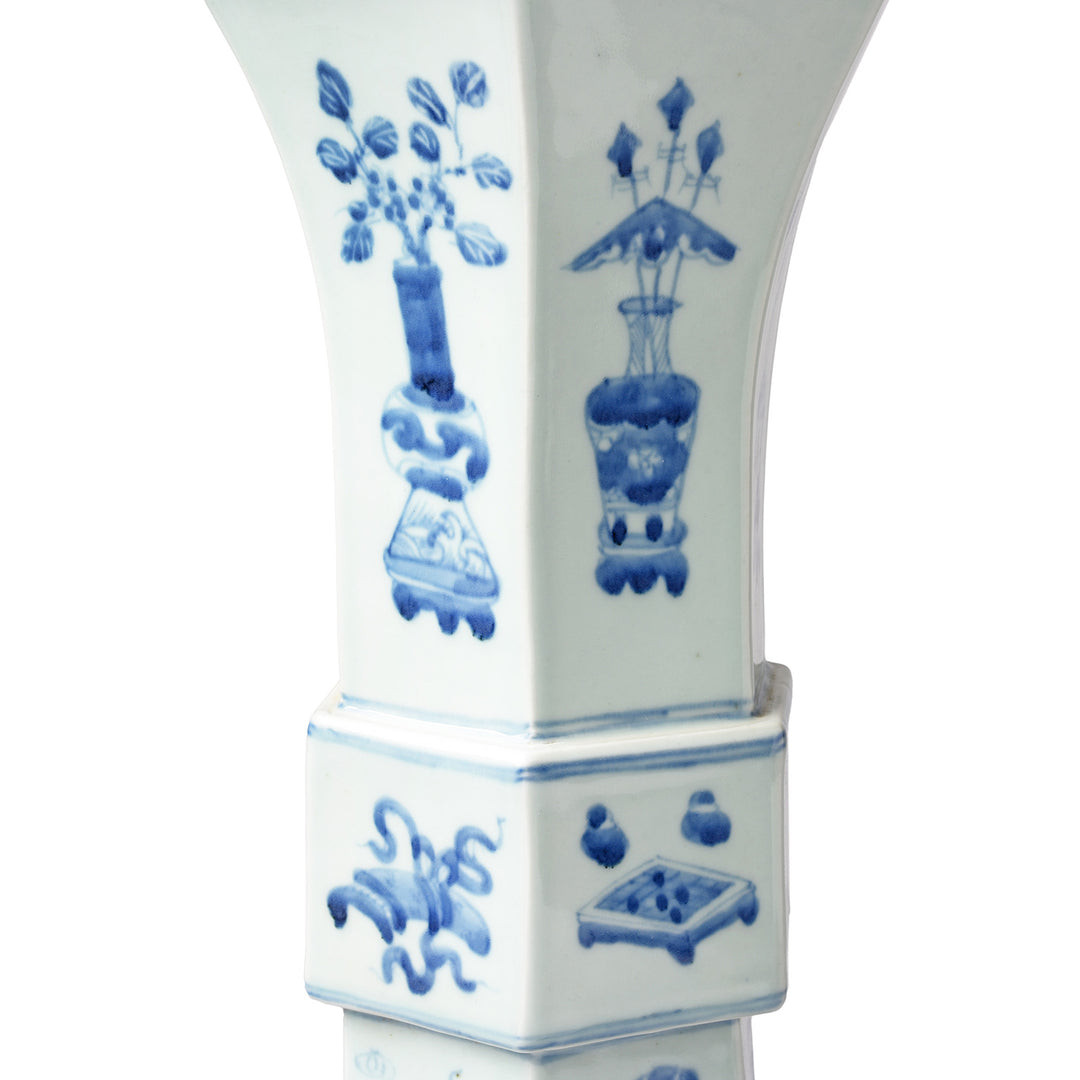 Symbols Detail From Blue & White Hexagonal Hourglass Lamp With Base | Indigo Antiques