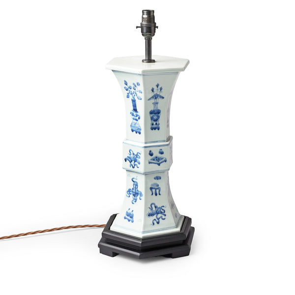 Blue & White Porcelain Tall Table Lamp - Lucky Symbols