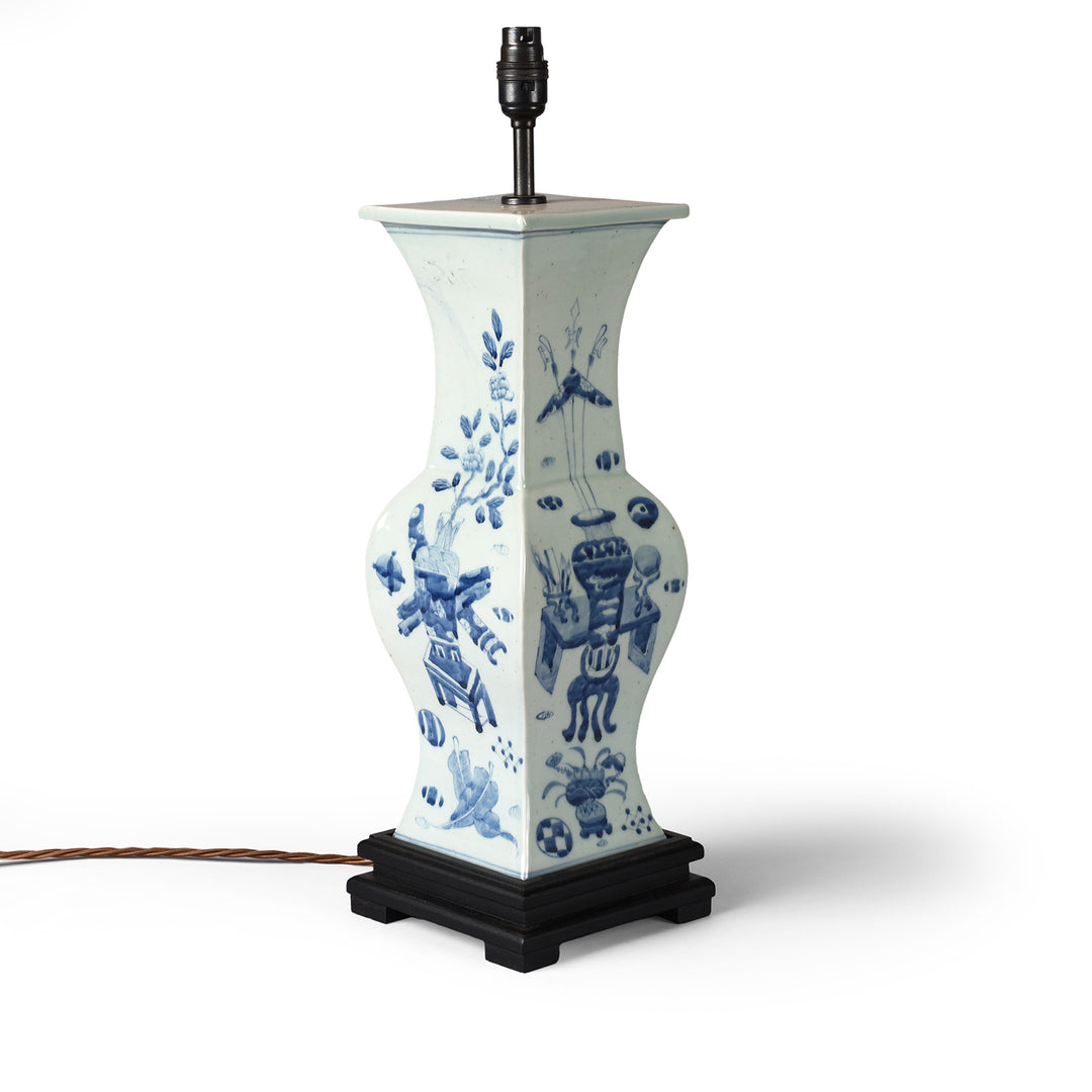 Blue & White 4 Sided Hourglass Lamp With Base | Indigo Antiques
