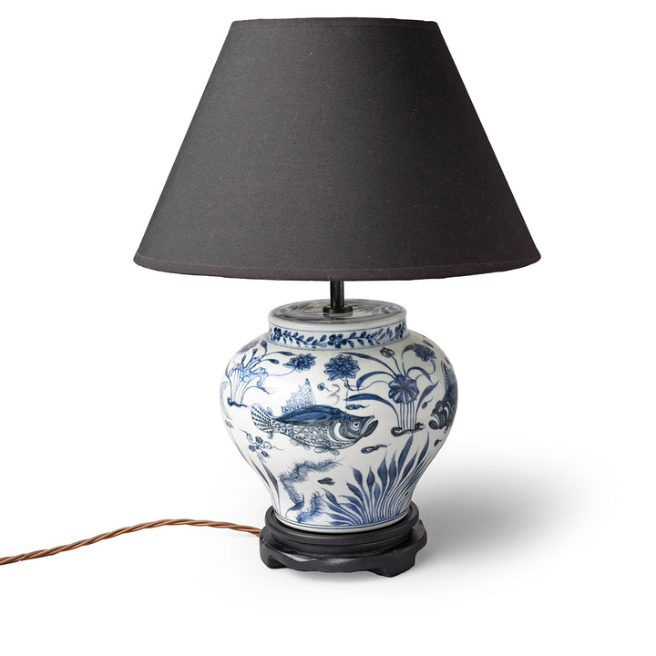 Blue & White Porcelain Lamp With Base - Fish Design | Indigo Antiques