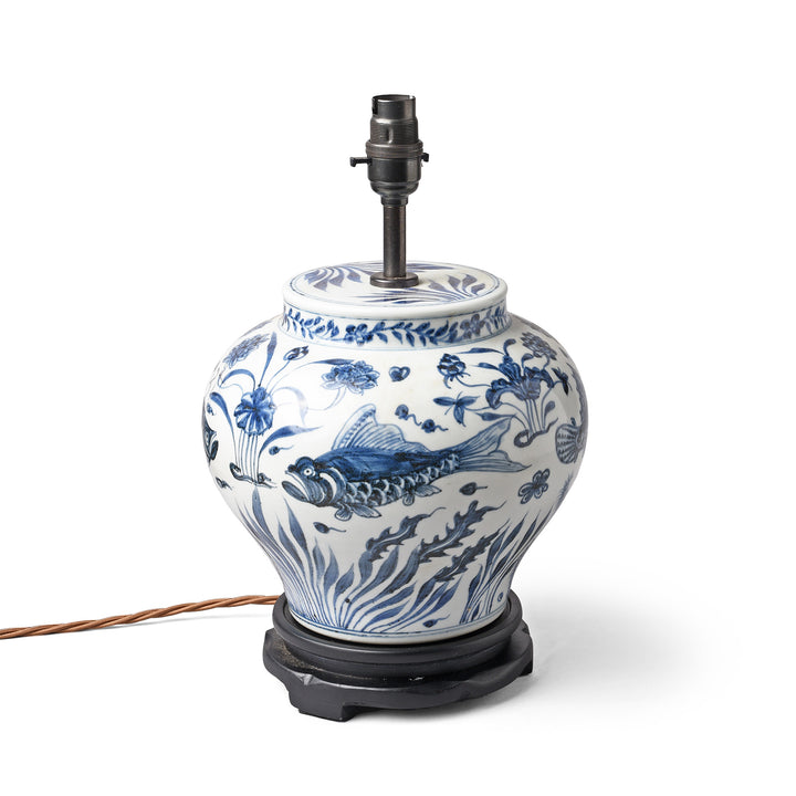 Blue & White Porcelain Lamp With Base - Fish Design | Indigo Antiques