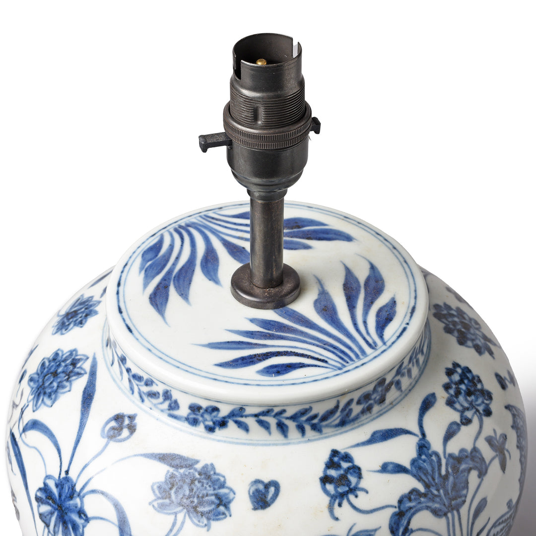 Fitting Detail From Blue & White Porcelain Lamp With Base - Fish Design | Indigo Antiques