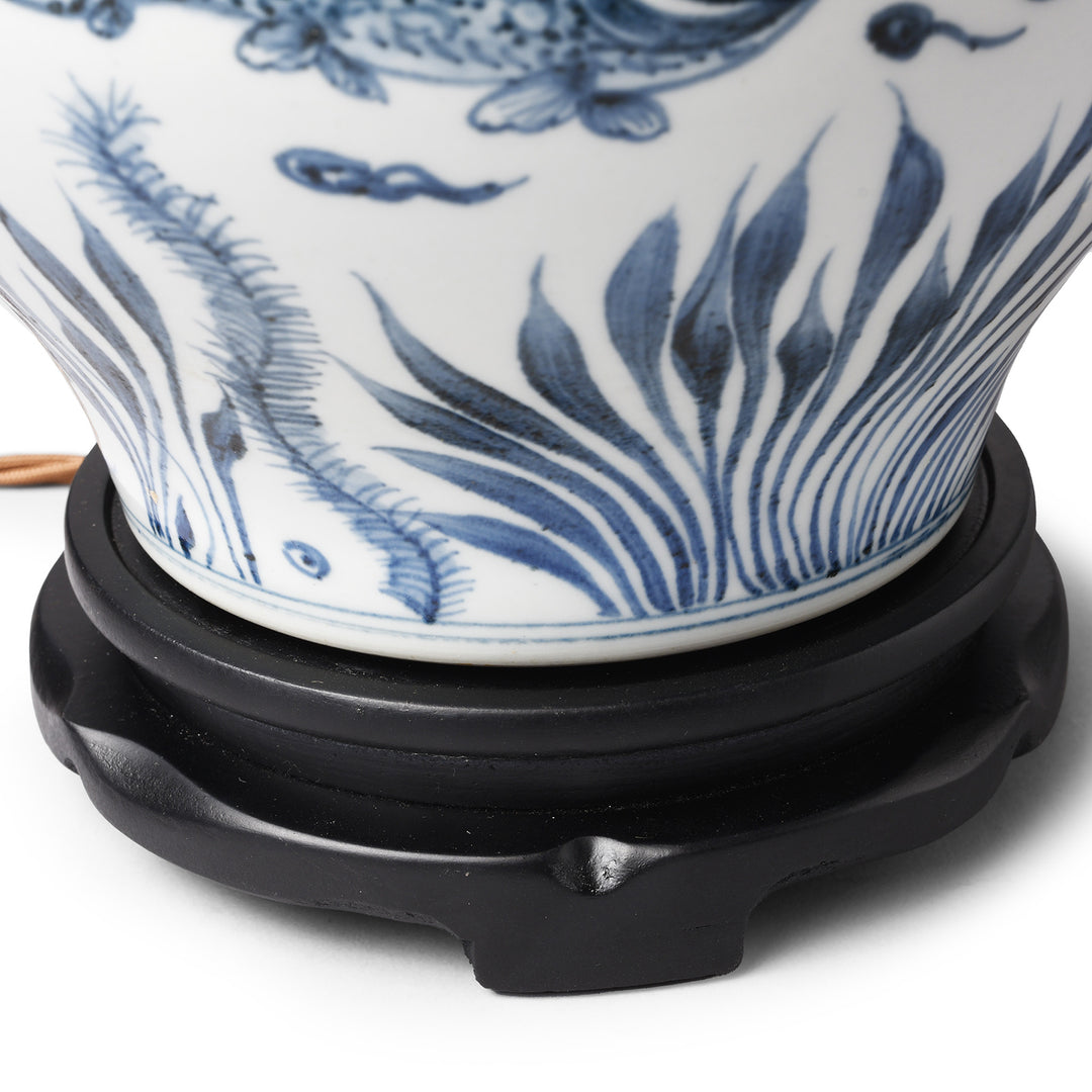 Base Detail From Blue & White Porcelain Lamp With Base - Fish Design | Indigo Antiques