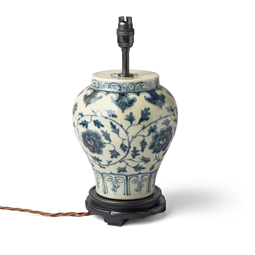 Blue & White Porcelain Lamp With Base - Peony Design | Indigo Antiques