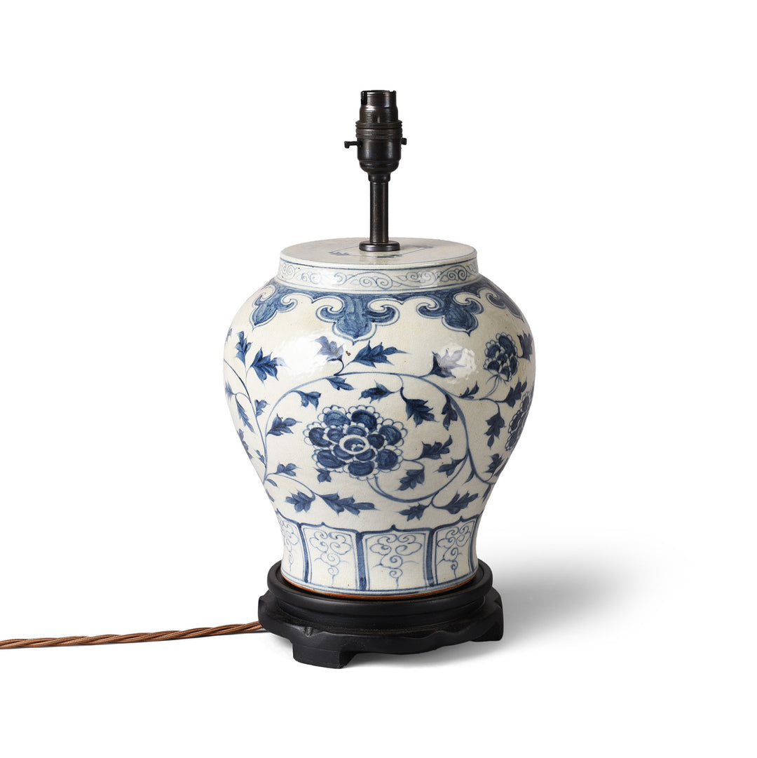 Blue & White Porcelain Lamp With Base - Peony Design | Indigo Antiques