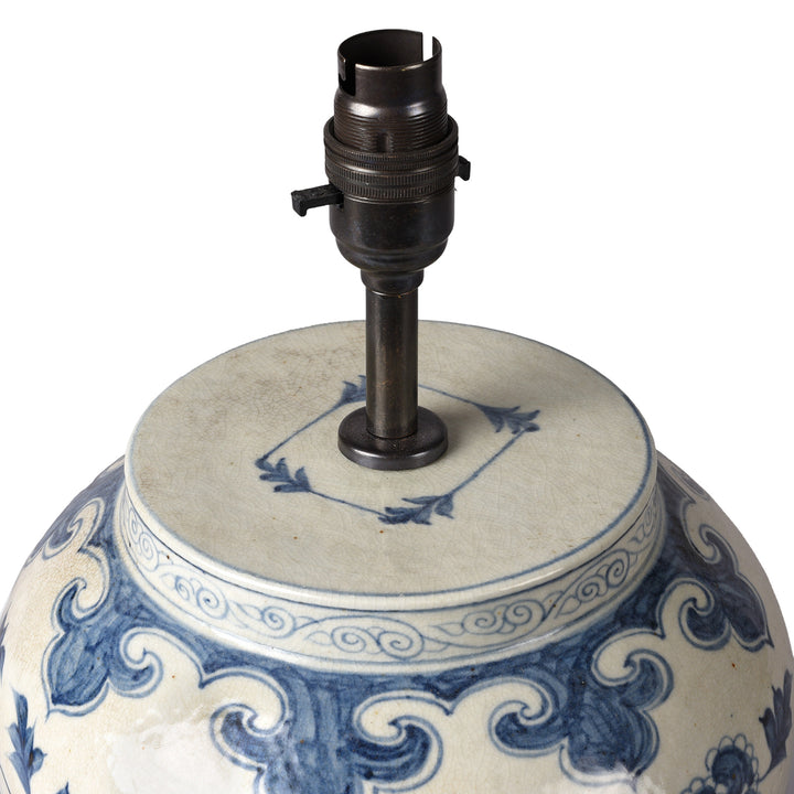 Bulb Fitting Detail From Blue & White Porcelain Lamp With Base - Peony Design | Indigo Antiques