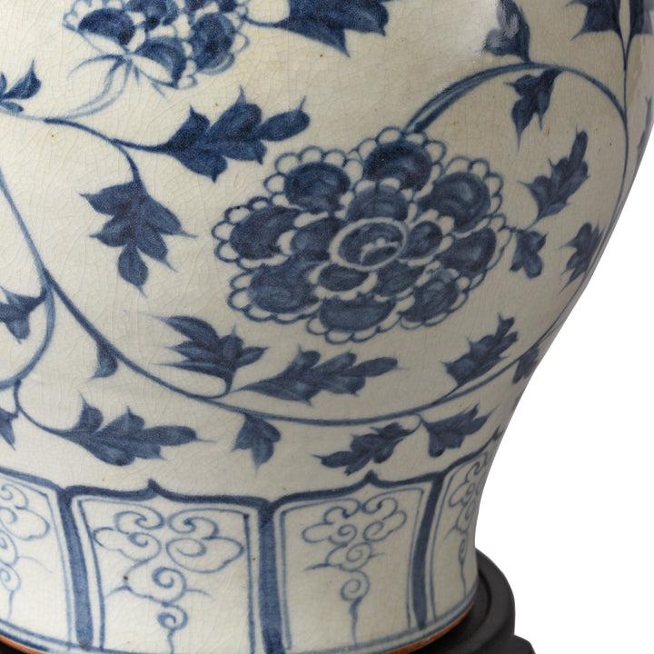 Detail From Blue & White Porcelain Lamp With Base - Peony Design | Indigo Antiques