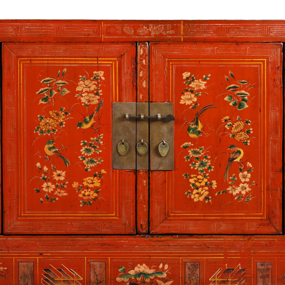 Central Doors Detail From Original Lacquered Chinese Sideboard From Dongbei Manchuria With Handpainted Floral And Bird Motifs In Bright Red Finish Circa 1920s