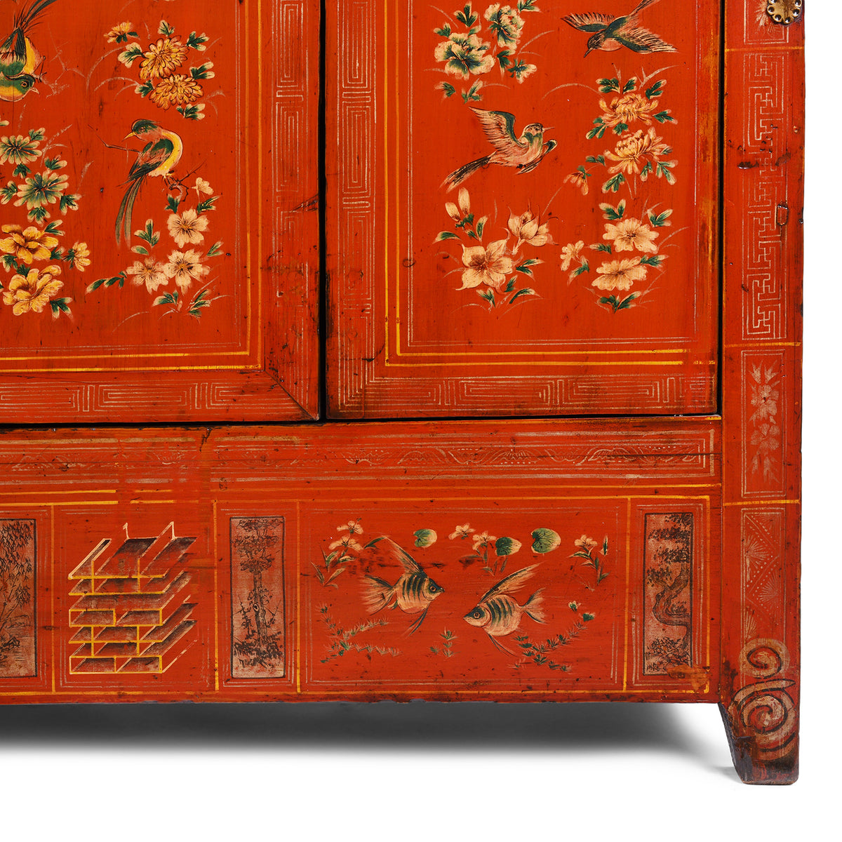 Leg Detail Displaying Fish, Birds And Floral Paintwork On Original Lacquered Chinese Sideboard From Dongbei Manchuria With Handpainted Floral And Bird Motifs In Bright Red Finish Circa 1920s