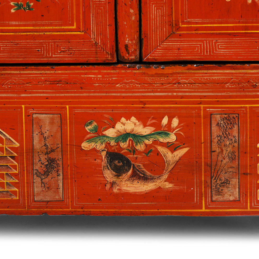 Fish Paintwork Detail From Original Lacquered Chinese Sideboard From Dongbei Manchuria With Handpainted Floral And Bird Motifs In Bright Red Finish Circa 1920s