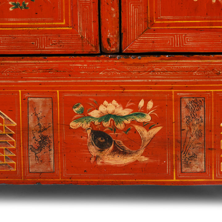 Fish Paintwork Detail From Original Lacquered Chinese Sideboard From Dongbei Manchuria With Handpainted Floral And Bird Motifs In Bright Red Finish Circa 1920s