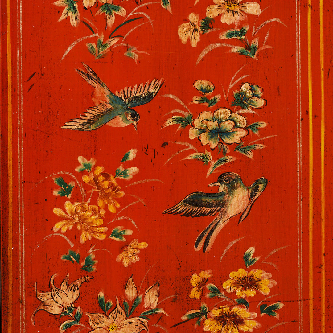 Birds And Floral Detail From Original Lacquered Chinese Sideboard From Dongbei Manchuria With Handpainted Floral And Bird Motifs In Bright Red Finish Circa 1920s