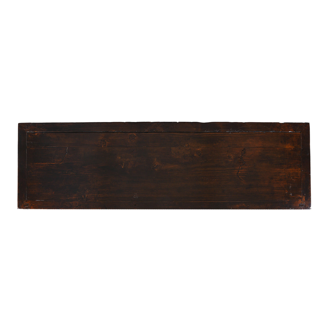 Top Down View Of Original Lacquered Chinese Sideboard From Dongbei Manchuria With Handpainted Floral And Bird Motifs In Bright Red Finish Circa 1920s