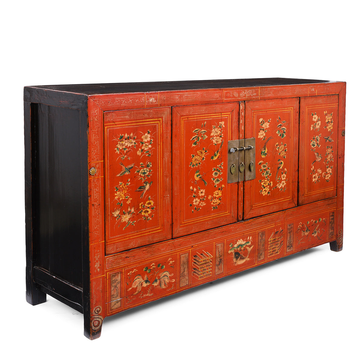 Angled VIew Of Original Lacquered Chinese Sideboard From Dongbei Manchuria With Handpainted Floral And Bird Motifs In Bright Red Finish Circa 1920s