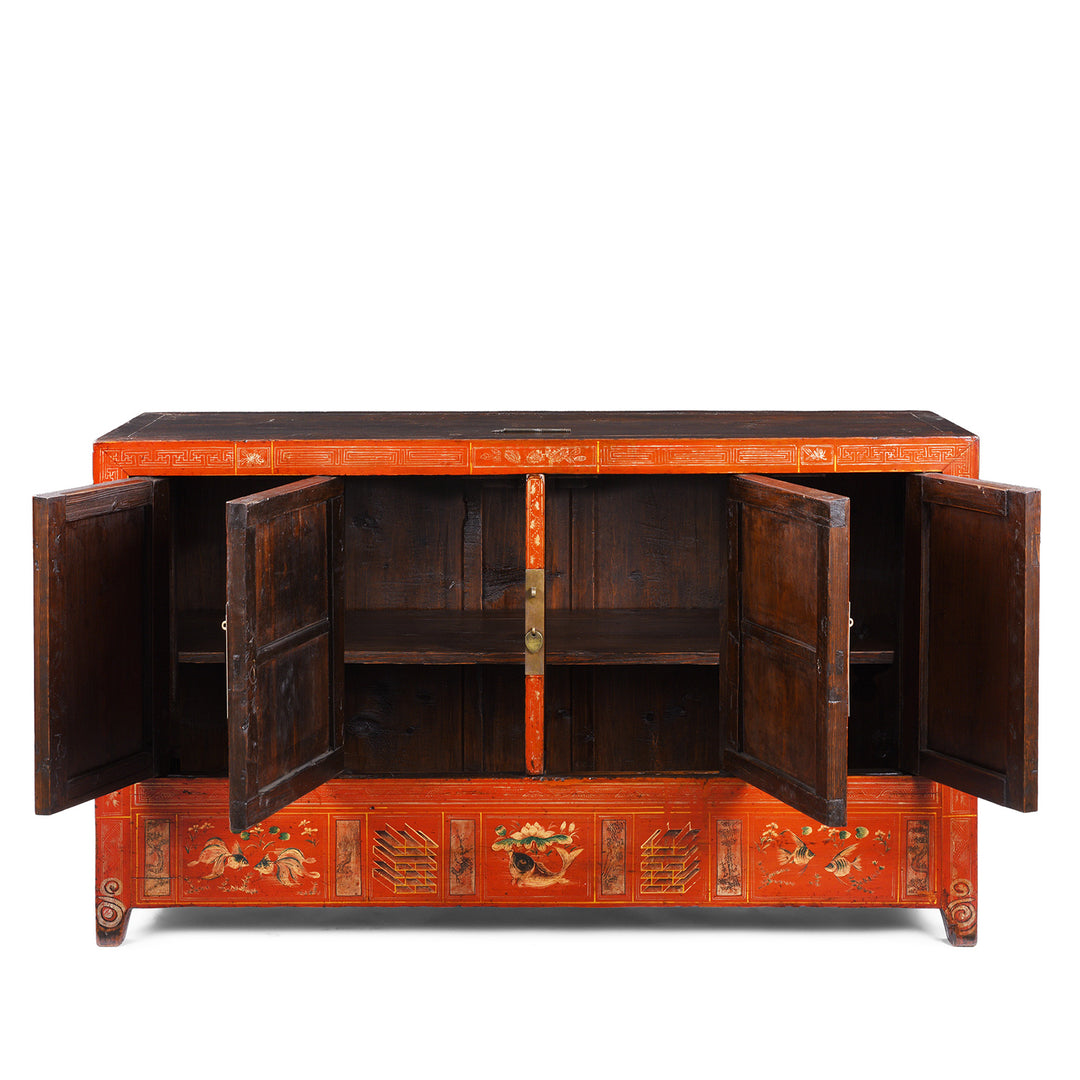 Interior Of Original Lacquered Chinese Sideboard From Dongbei Manchuria With Handpainted Floral And Bird Motifs In Bright Red Finish Circa 1920s