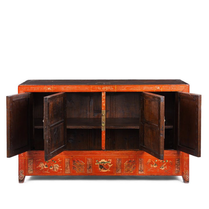 Interior Of Original Lacquered Chinese Sideboard From Dongbei Manchuria With Handpainted Floral And Bird Motifs In Bright Red Finish Circa 1920s