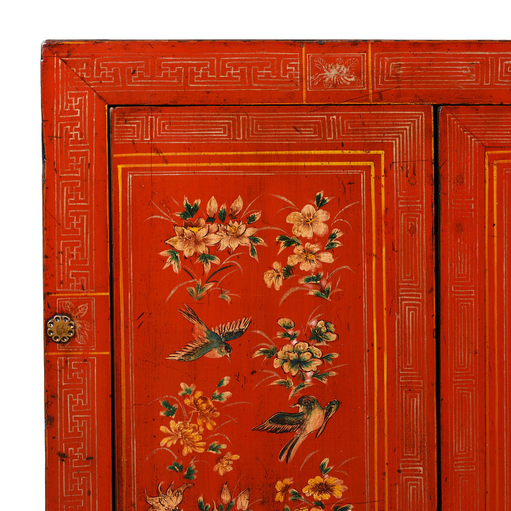 Original Lacquered Chinese Sideboard From Dongbei Manchuria With Handpainted Floral And Bird Motifs In Bright Red Finish Circa 1920s