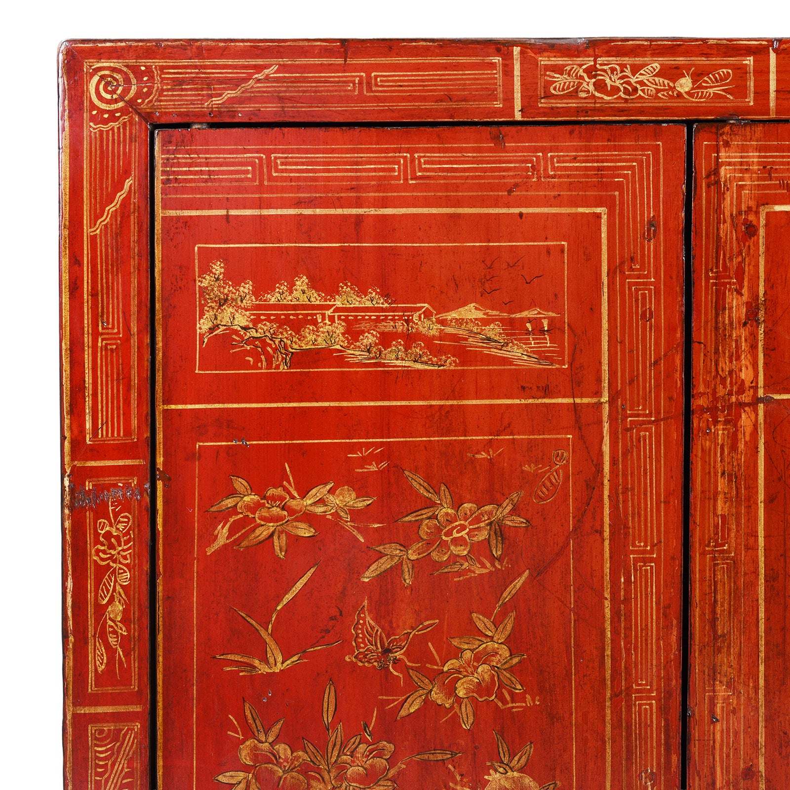 Corner Detail From Antique Chinese Dongbei Sideboard With Red Lacquer Finish And Hand-Painted Gilded Landscape Motifs