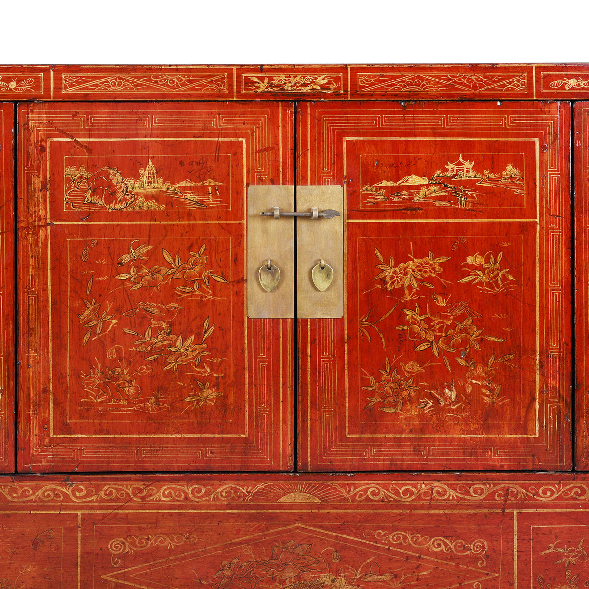 Brass Lock Detail From Antique Chinese Dongbei Sideboard With Red Lacquer Finish And Hand-Painted Gilded Landscape Motifs