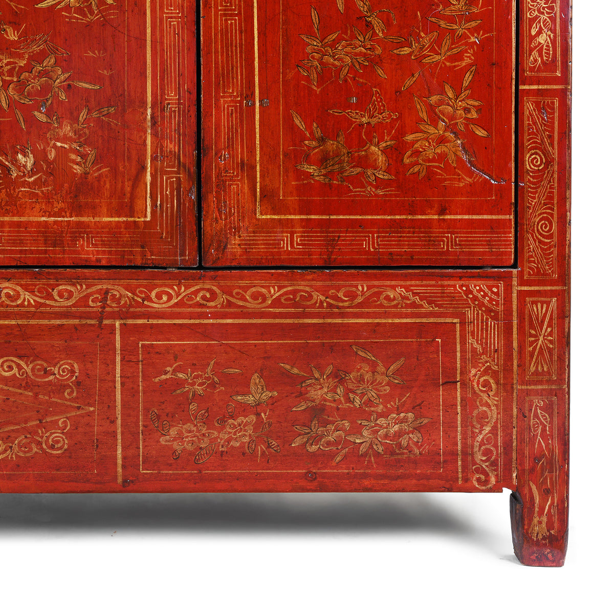 Detail Of Paintwork From Antique Chinese Dongbei Sideboard With Red Lacquer Finish And Hand-Painted Gilded Landscape Motifs