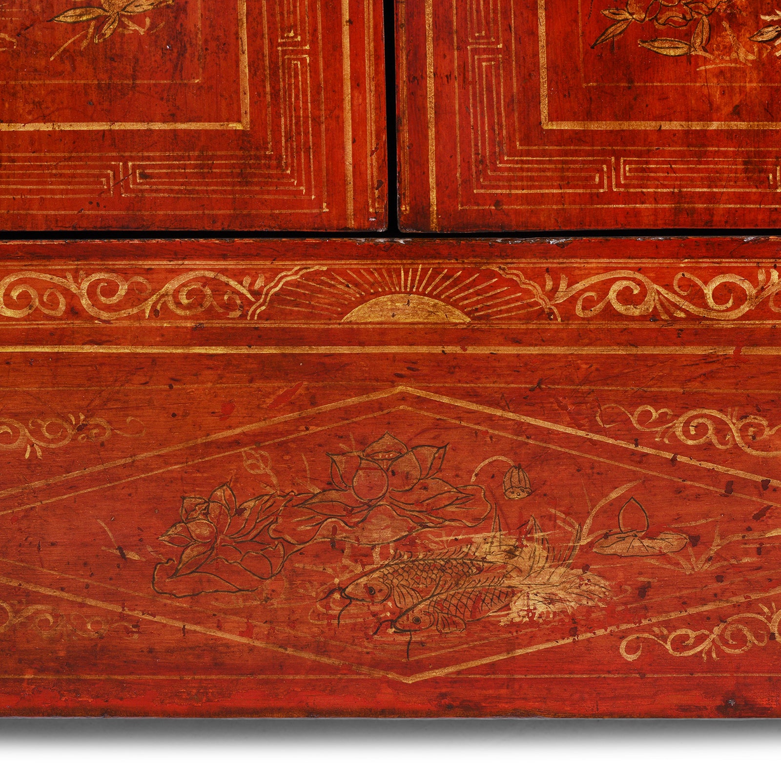 Detail Of Paintwork on Frieze From Antique Chinese Dongbei Sideboard With Red Lacquer Finish And Hand-Painted Gilded Landscape Motifs