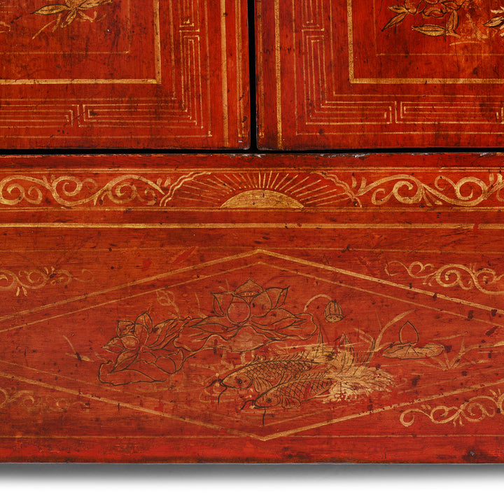 Detail Of Paintwork on Frieze From Antique Chinese Dongbei Sideboard With Red Lacquer Finish And Hand-Painted Gilded Landscape Motifs