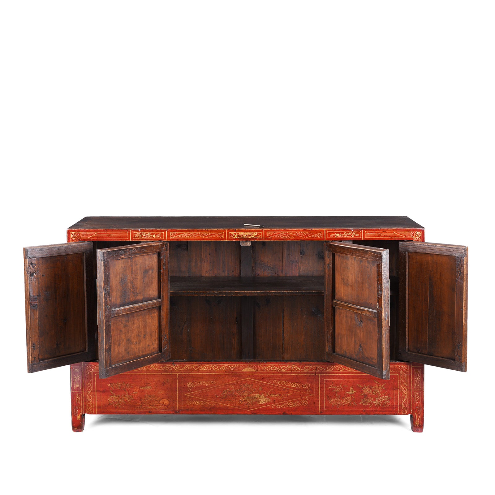 Interior View Of Antique Chinese Dongbei Sideboard With Red Lacquer Finish And Hand-Painted Gilded Landscape Motifs