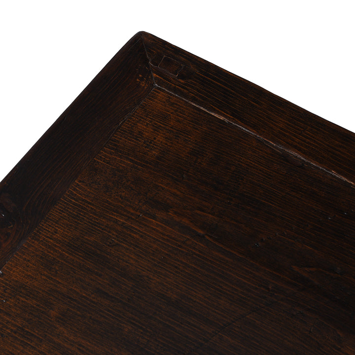 Corner Detail Of Patina From Antique Chinese Dongbei Sideboard With Red Lacquer Finish And Hand-Painted Gilded Landscape Motifs