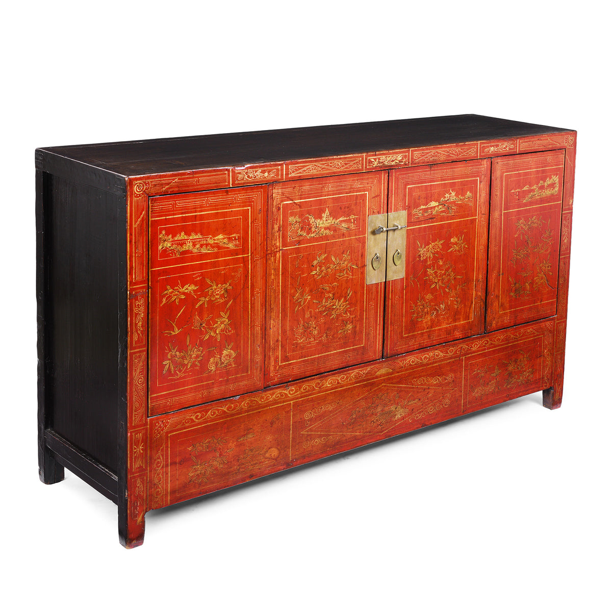 Angled View Of Antique Chinese Dongbei Sideboard With Red Lacquer Finish And Hand-Painted Gilded Landscape Motifs
