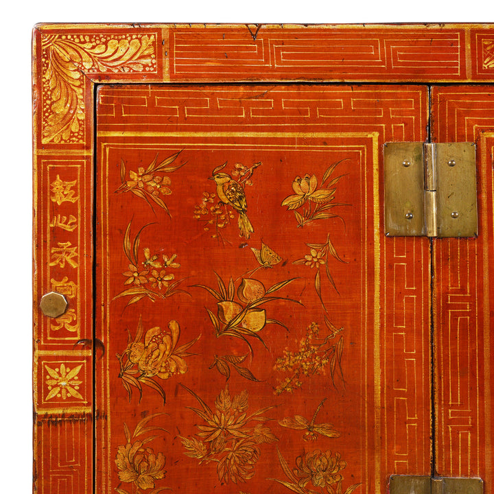 Corner Detail Showing Bird And Floral Paintwork On Original Lacquered Chinese Sideboard From Dongbei Manchuria With Handpainted Floral And Bird Motifs In Bright Red Finish Circa 1920s
