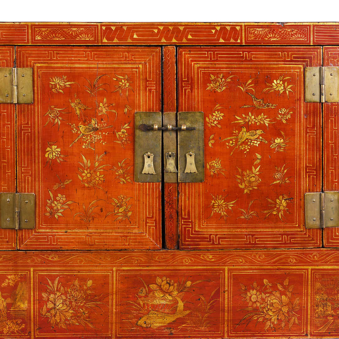 Door Panel And Artwork Detail From Original Lacquered Chinese Sideboard From Dongbei Manchuria With Handpainted Floral And Bird Motifs In Bright Red Finish Circa 1920s