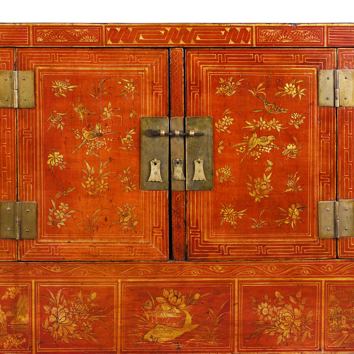 Door Panel And Artwork Detail From Original Lacquered Chinese Sideboard From Dongbei Manchuria With Handpainted Floral And Bird Motifs In Bright Red Finish Circa 1920s