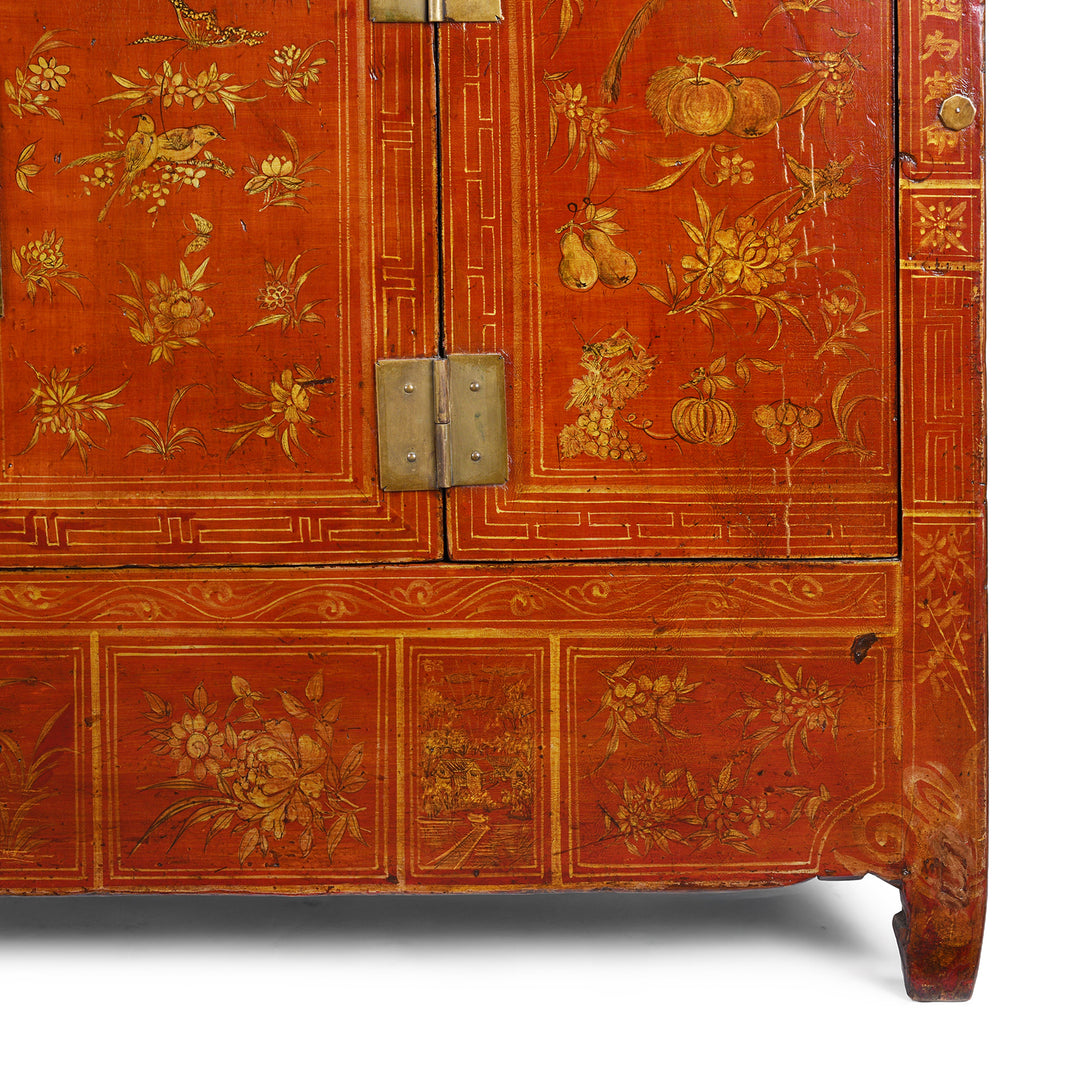 Leg Detail Showing Artwork On Original Lacquered Chinese Sideboard From Dongbei Manchuria With Handpainted Floral And Bird Motifs In Bright Red Finish Circa 1920s