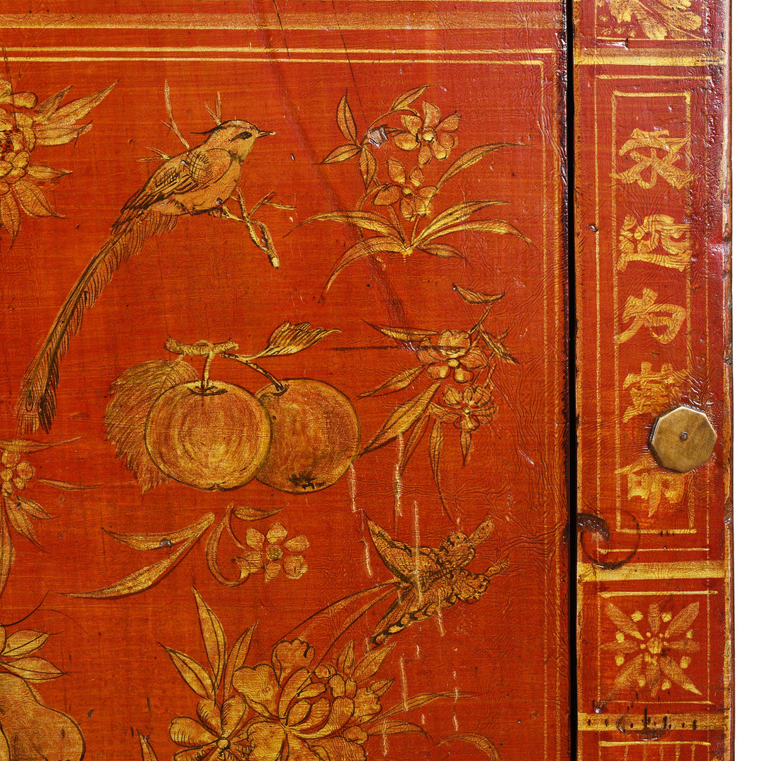 Close Up Detail Of Bird And Fruit Artwork On Original Lacquered Chinese Sideboard From Dongbei Manchuria With Handpainted Floral And Bird Motifs In Bright Red Finish Circa 1920s