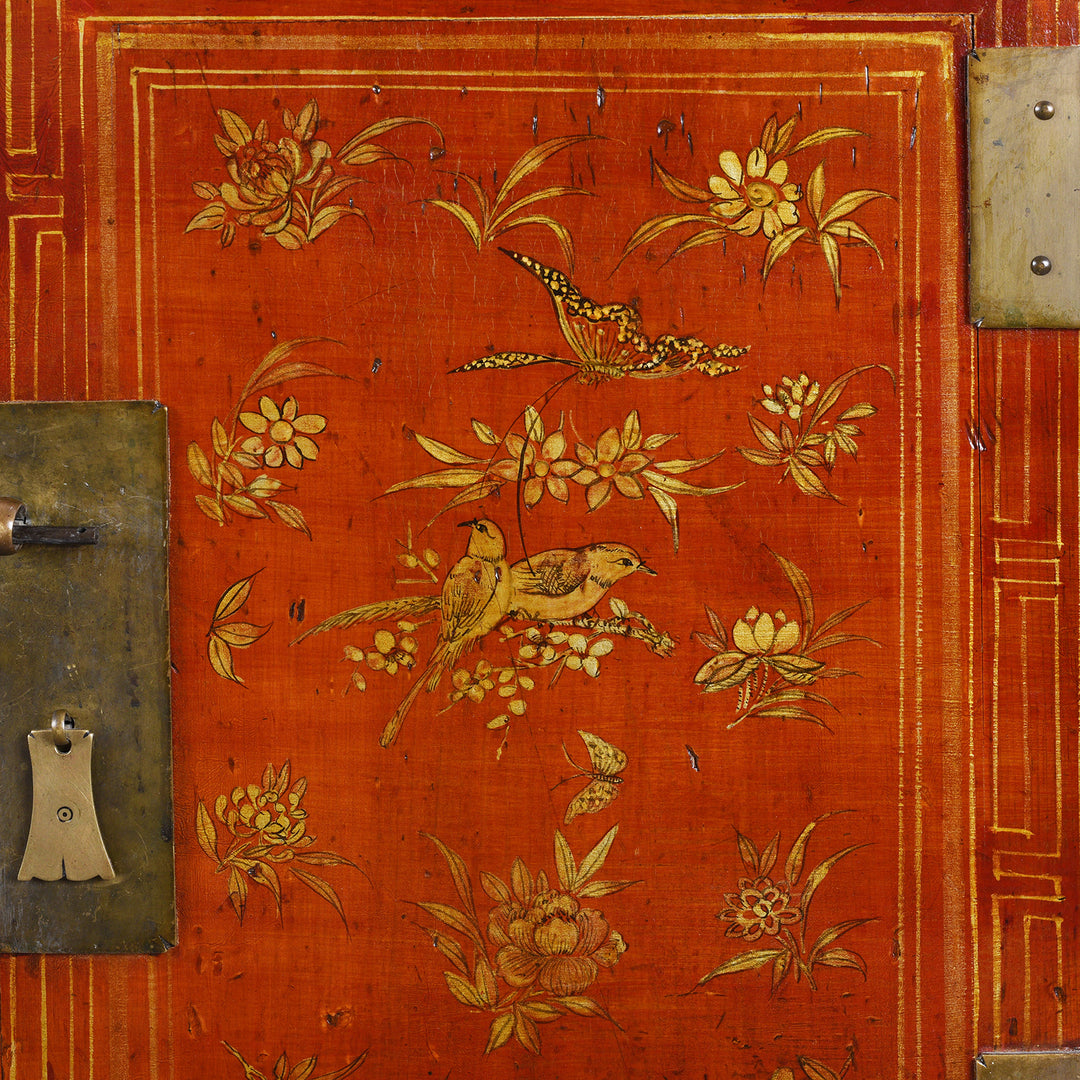 Bird And Insect Detail From Original Lacquered Chinese Sideboard From Dongbei Manchuria With Handpainted Floral And Bird Motifs In Bright Red Finish Circa 1920s