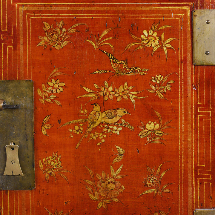 Bird And Insect Detail From Original Lacquered Chinese Sideboard From Dongbei Manchuria With Handpainted Floral And Bird Motifs In Bright Red Finish Circa 1920s