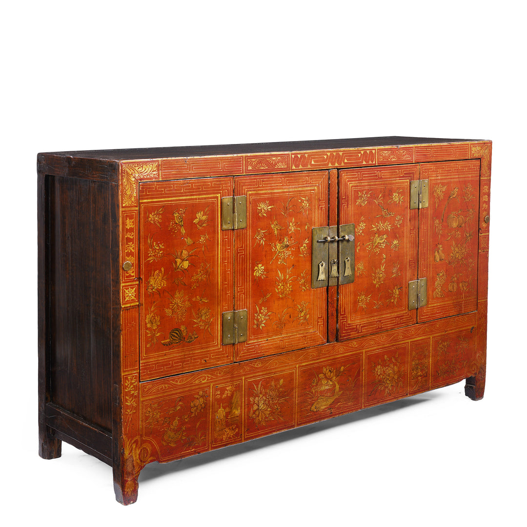 Angled View Of Original Lacquered Chinese Sideboard From Dongbei Manchuria With Handpainted Floral And Bird Motifs In Bright Red Finish Circa 1920s