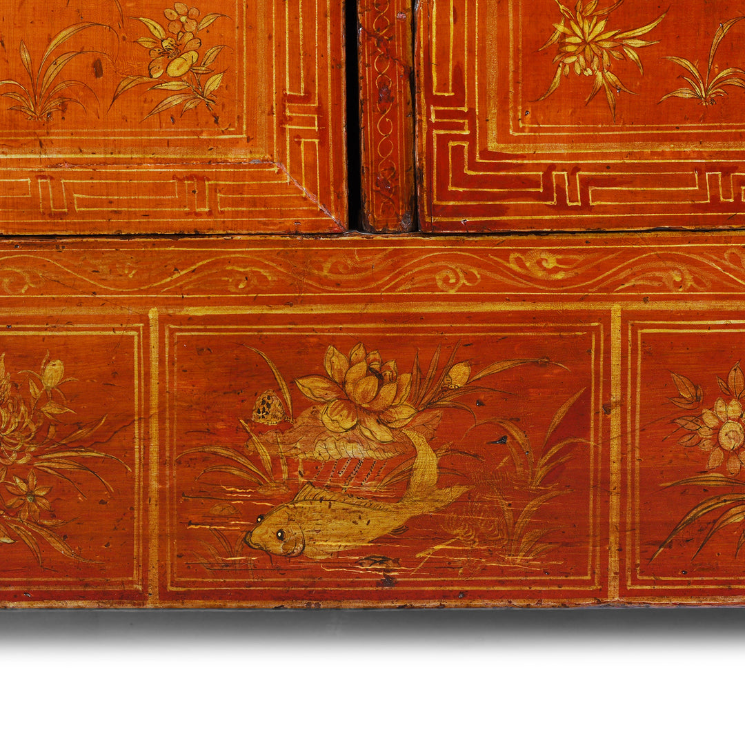 Fish Detail From Original Lacquered Chinese Sideboard From Dongbei Manchuria With Handpainted Floral And Bird Motifs In Bright Red Finish Circa 1920s
