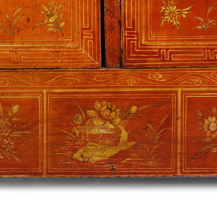 Fish Detail From Original Lacquered Chinese Sideboard From Dongbei Manchuria With Handpainted Floral And Bird Motifs In Bright Red Finish Circa 1920s