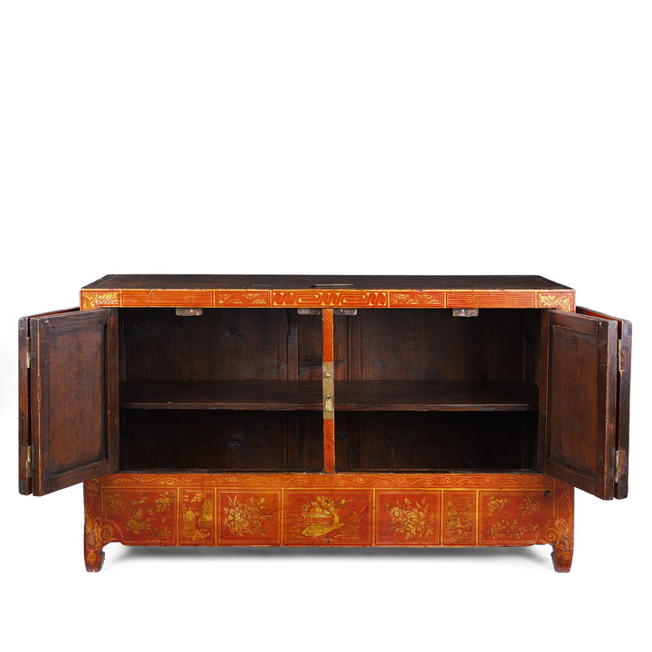 Interior Of Original Lacquered Chinese Sideboard From Dongbei Manchuria With Handpainted Floral And Bird Motifs In Bright Red Finish Circa 1920s