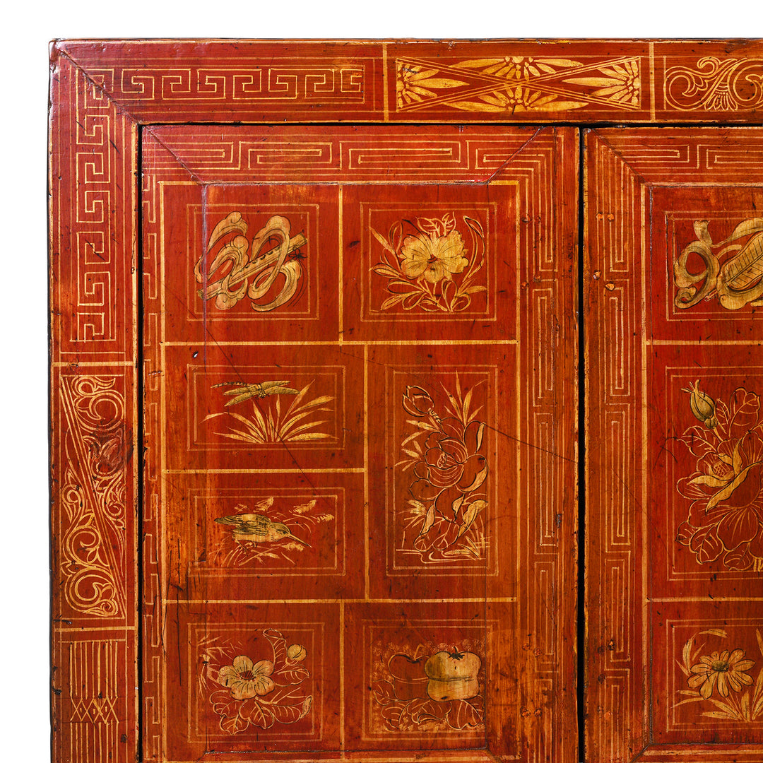 Corner Of Door From Red Lacquer Chinese Dongbei Sideboard With Hand-Painted Floral Panels And Brass Hardware