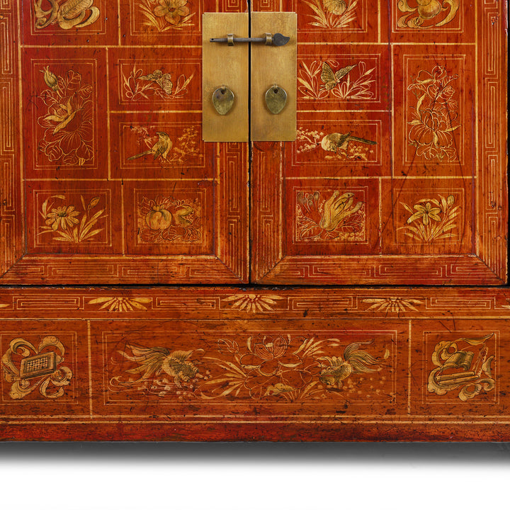 Paintwork Detail From Red Lacquer Chinese Dongbei Sideboard With Hand-Painted Floral Panels And Brass Hardware