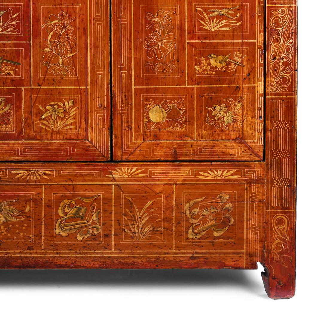 Corner Detail From Red Lacquer Chinese Dongbei Sideboard With Hand-Painted Floral Panels And Brass Hardware