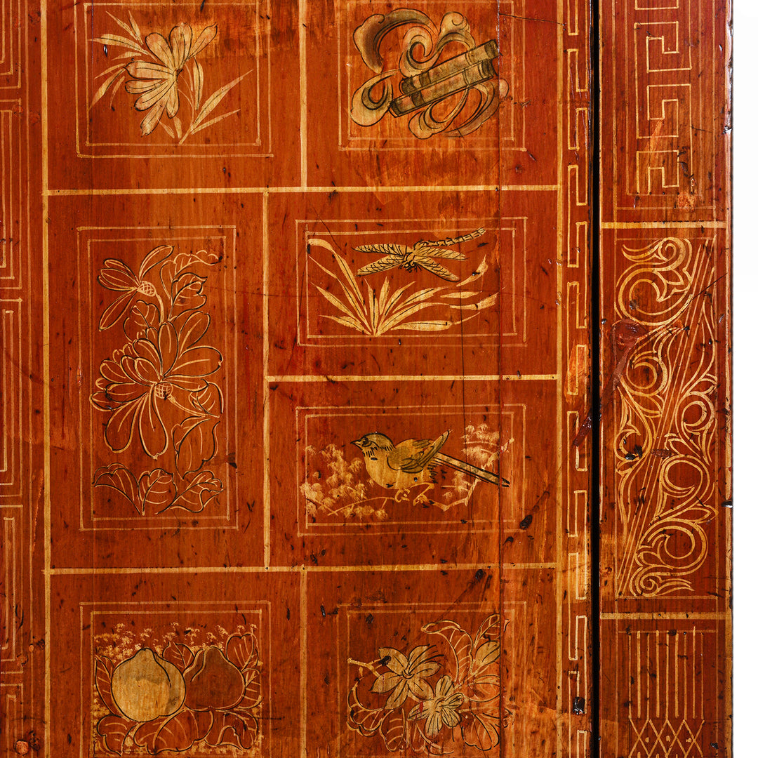 Birds And Insects Paintwork Detail From Red Lacquer Chinese Dongbei Sideboard With Hand-Painted Floral Panels And Brass Hardware