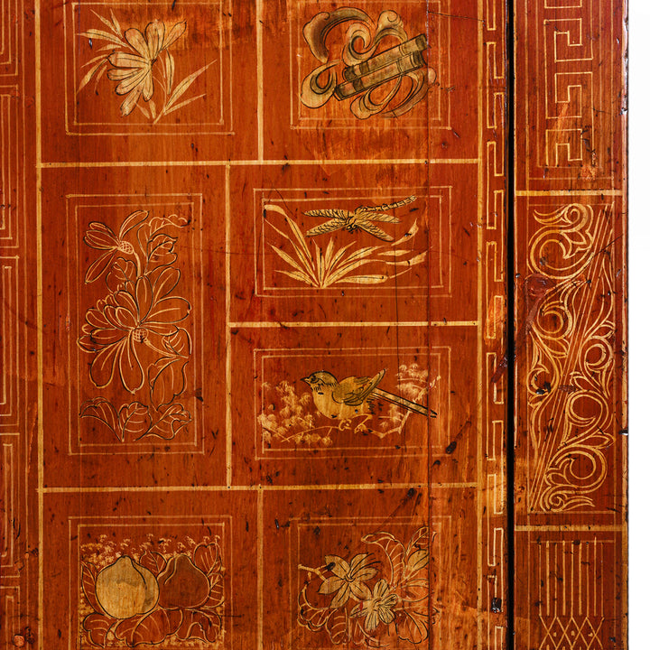 Birds And Insects Paintwork Detail From Red Lacquer Chinese Dongbei Sideboard With Hand-Painted Floral Panels And Brass Hardware