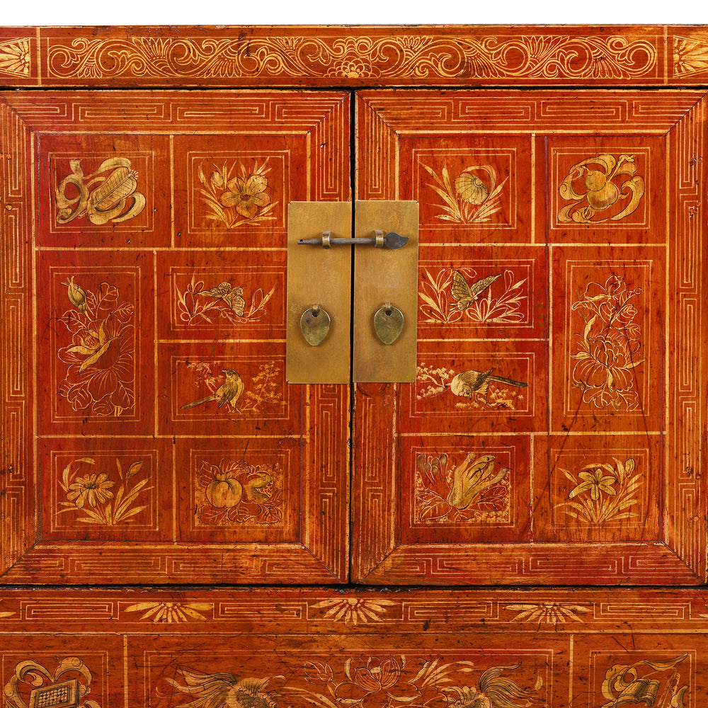 Brass Lock Detail From Red Lacquer Chinese Dongbei Sideboard With Hand-Painted Floral Panels And Brass Hardware