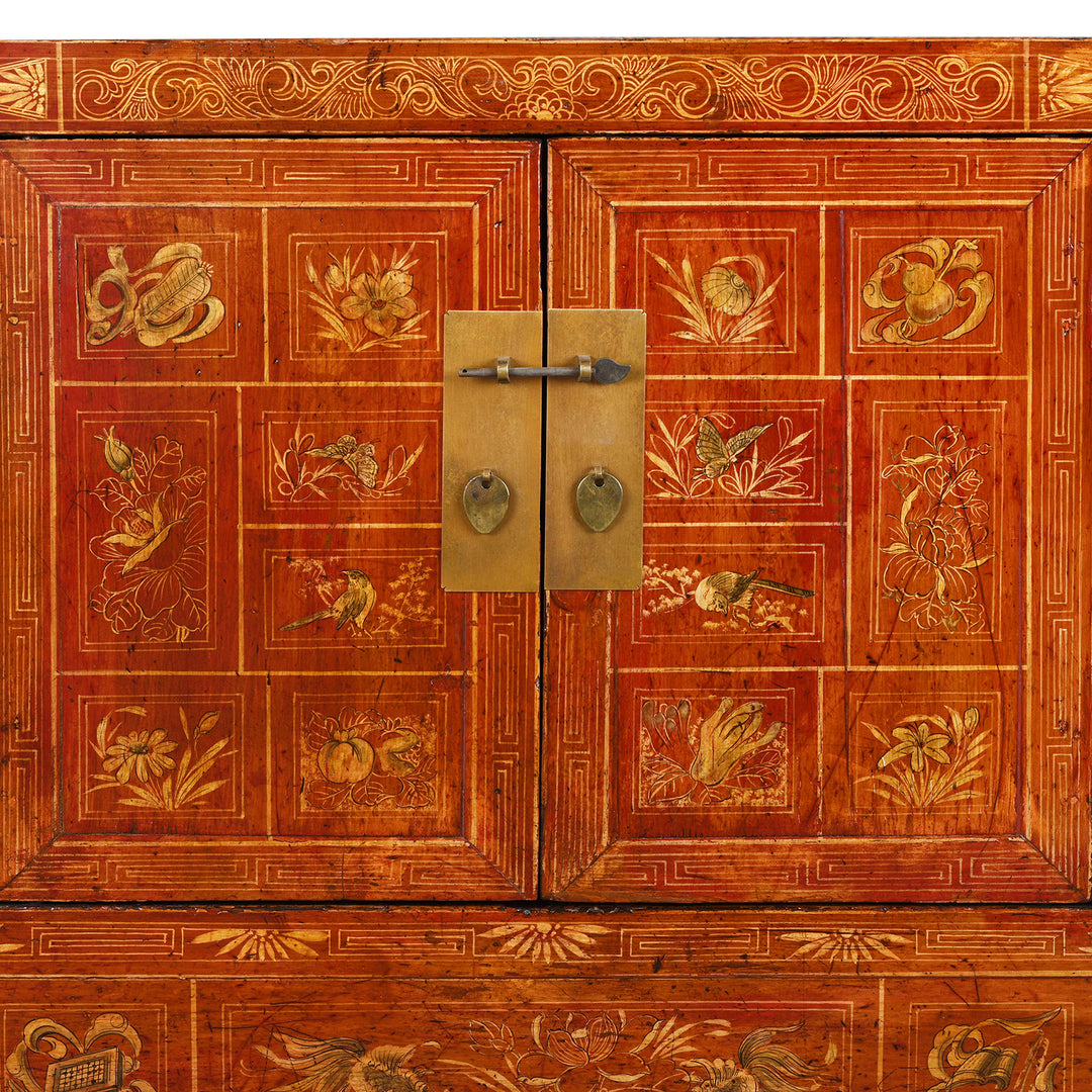 Brass Lock Detail From Red Lacquer Chinese Dongbei Sideboard With Hand-Painted Floral Panels And Brass Hardware
