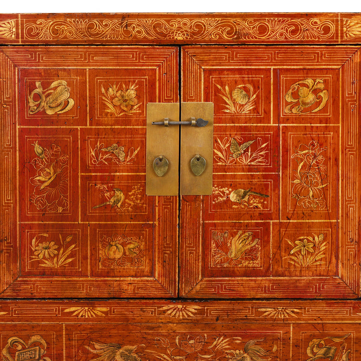 Brass Lock Detail From Red Lacquer Chinese Dongbei Sideboard With Hand-Painted Floral Panels And Brass Hardware