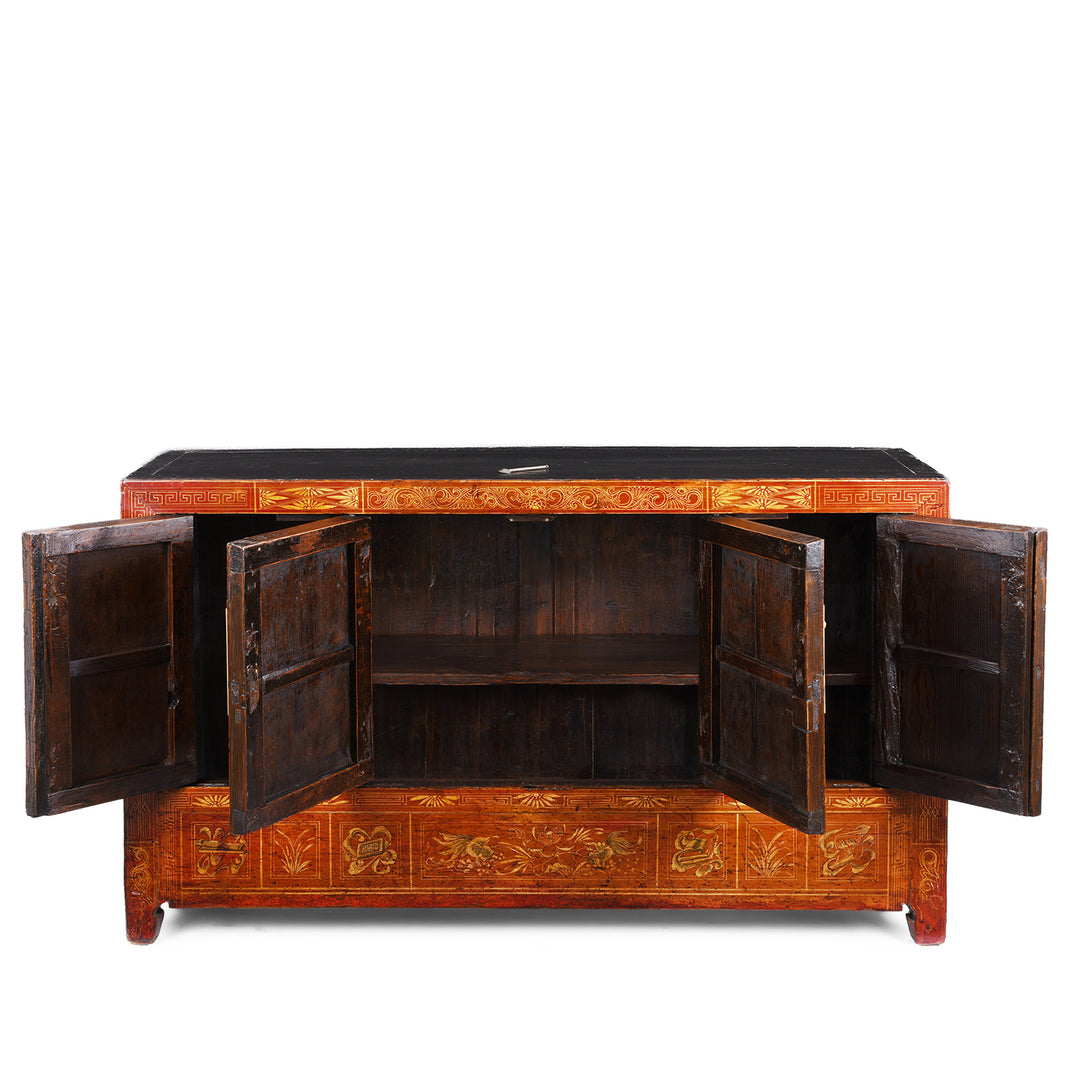 Interior View Of Shelves From Red Lacquer Chinese Dongbei Sideboard With Hand-Painted Floral Panels And Brass Hardware